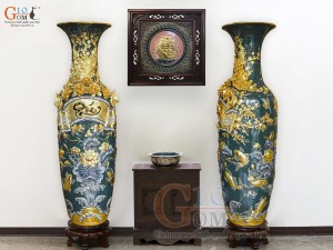 Đôi lộc bình men màu đắp nổi Phúc Đức kênh Dát Vàng, cao 1m60 