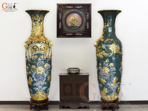 Đôi lộc bình men màu đắp nổi Phúc Đức kênh Dát Vàng, cao 1m60 