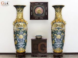 Đôi lộc bình men màu đắp nổi Phúc Đức kênh Dát Vàng, cao 1m60 