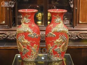 Đôi lộc bình men màu đắp nổi Rồng Như Ý nền đỏ vẽ vàng 24k, cao 60cm