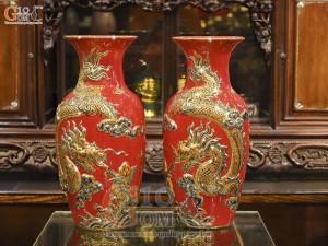 Đôi lộc bình men màu đắp nổi Rồng Như Ý nền đỏ vẽ vàng 24k, cao 60cm