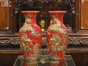 Đôi lộc bình men màu đắp nổi Rồng Như Ý nền đỏ vẽ vàng 24k, cao 60cm