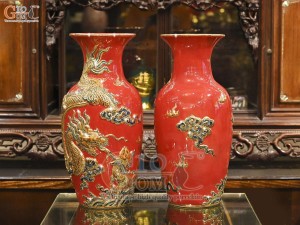 Đôi lộc bình men màu đắp nổi Rồng Như Ý nền đỏ vẽ vàng 24k, cao 60cm