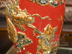 Đôi lộc bình men màu đắp nổi Rồng Như Ý nền đỏ vẽ vàng 24k, cao 60cm