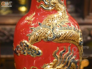 Đôi lộc bình men màu đắp nổi Rồng Như Ý nền đỏ vẽ vàng 24k, cao 60cm