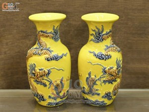 Đôi lộc bình men màu đắp nổi Rồng Như Ý nền vàng, cao 26cm