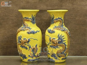 Đôi lộc bình men màu đắp nổi Rồng Như Ý nền vàng, cao 26cm