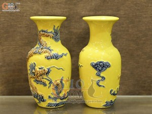 Đôi lộc bình men màu đắp nổi Rồng Như Ý nền vàng, cao 26cm
