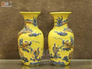 Đôi lộc bình men màu đắp nổi Rồng Như Ý nền vàng, cao 26cm