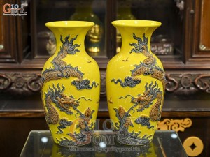Đôi lộc bình men màu đắp nổi Rồng Như Ý nền vàng, cao 45cm