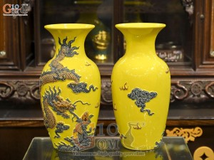 Đôi lộc bình men màu đắp nổi Rồng Như Ý nền vàng, cao 45cm