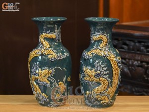 Đôi lộc bình men màu đắp nổi Rồng Như Ý nền xanh lục bảo, cao 26cm