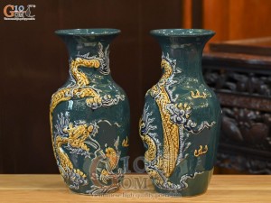 Đôi lộc bình men màu đắp nổi Rồng Như Ý nền xanh lục bảo, cao 26cm