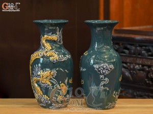 Đôi lộc bình men màu đắp nổi Rồng Như Ý nền xanh lục bảo, cao 26cm