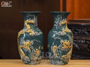 Đôi lộc bình men màu đắp nổi Rồng Như Ý nền xanh lục bảo, cao 26cm