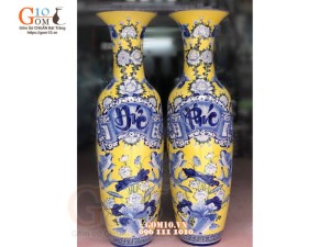 Đôi lộc bình men màu họa tiết Phúc Đức nền vàng, cao 1m75