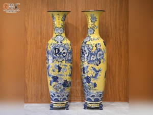 Đôi lộc bình men màu họa tiết Phúc Đức Trường Thọ nền vàng, cao 1m75