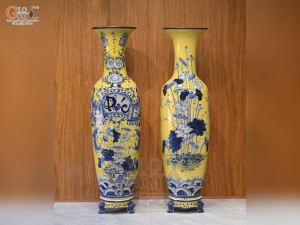 Đôi lộc bình men màu họa tiết Phúc Đức Trường Thọ nền vàng, cao 1m75