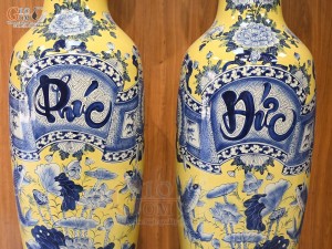 Đôi lộc bình men màu họa tiết Phúc Đức Trường Thọ nền vàng, cao 1m75