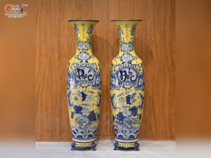 Đôi lộc bình men màu họa tiết Phúc Đức Trường Thọ nền vàng, cao 1m75