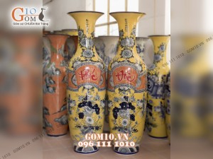 Đôi lộc bình men màu nền vàng, vẽ Phúc Đức vân gỗ 1m6 – Hàng vẽ kĩ