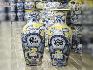 Đôi lộc bình men màu vẽ Chép Sen - Phúc Lộc, cao 80cm