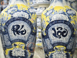 Đôi lộc bình men màu vẽ Chép Sen - Phúc Lộc, cao 80cm