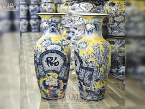 Đôi lộc bình men màu vẽ Chép Sen - Phúc Lộc, cao 80cm