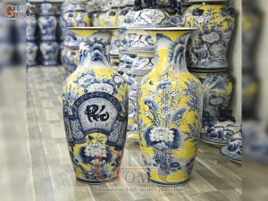 Đôi lộc bình men màu vẽ Chép Sen - Phúc Lộc, cao 80cm