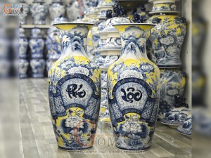 Đôi lộc bình men màu vẽ Chép Sen - Phúc Lộc, cao 80cm