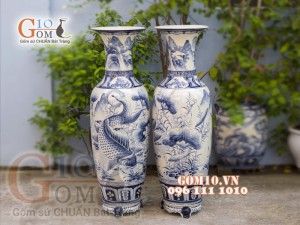 Đôi lộc bình men màu vẽ Lý Ngư Vọng Nguyệt, cao 1m