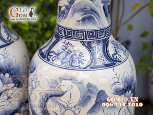 Đôi lộc bình men màu vẽ Lý Ngư Vọng Nguyệt, cao 1m