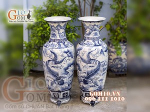 Đôi lộc bình men màu vẽ Lý Ngư Vọng Nguyệt, cao 80cm