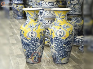 Đôi lộc bình men màu vẽ Phú Quý Trường Xuân nền vàng, cao 70cm