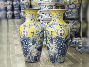 Đôi lộc bình men màu vẽ Phú Quý Trường Xuân nền vàng, cao 70cm