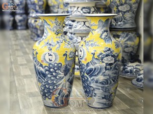Đôi lộc bình men màu vẽ Phú Quý Trường Xuân nền vàng, cao 70cm
