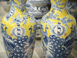 Đôi lộc bình men màu vẽ Phú Quý Trường Xuân nền vàng, cao 70cm