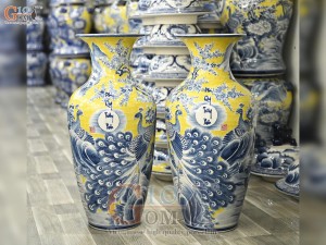 Đôi lộc bình men màu vẽ Phú Quý Trường Xuân nền vàng, cao 70cm