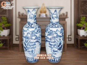 Đôi lộc bình men màu vẽ Sơn Thủy, cao 1m