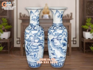 Đôi lộc bình men màu vẽ Sơn Thủy, cao 1m