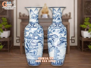 Đôi lộc bình men màu vẽ Sơn Thủy, cao 1m