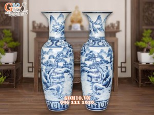 Đôi lộc bình men màu vẽ Sơn Thủy, cao 1m