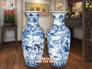 Đôi lộc bình men màu vẽ Tùng Hươu, cao 90cm