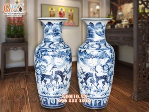 Đôi lộc bình men màu vẽ Tùng Hươu, cao 80cm