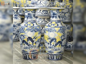 Đôi lộc bình men màu vẽ Tùng Lộc nền vàng, cao 80cm