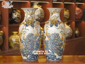 Đôi lộc bình men rạn đắp nổi Công đào, 60cm