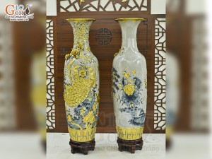 Đôi lộc bình men rạn đắp nổi Công Đào Dát Vàng 24k, cao 1m65