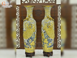Đôi lộc bình men rạn đắp nổi Công Đào Dát Vàng 24k, cao 1m45