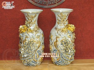 Đôi lộc bình men rạn đắp nổi Công Đào kênh boong - vẽ vàng 24k, Cao 38cm