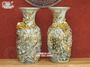 Đôi lộc bình men rạn đắp nổi Công Đào kênh boong - vẽ vàng 24k, Cao 38cm